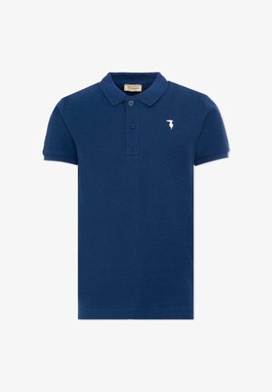 Polo bleu marine manches courtes avec deux boutons et un petit logo blanc sur la poitrine gauche.