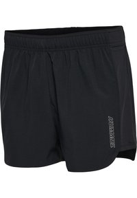 Schwarze Sportshorts mit elastischem Bund, aus glattem Material und einem weißen "HUMMEL"-Logo an der Seite. Kurze Schnittform.