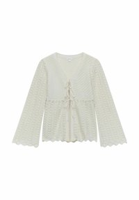 Szydełkowa bluzka w kolorze jasnobeżowym z dekoltem w kształcie litery V, długimi dzwonowymi rękawami, falbanastym hemem oraz z przodu z wiązaniem. Posiada skomplikowane wzory koronkowe na całej powierzchni.