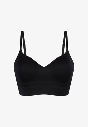 Zwarte draadloze bh met verstelbare banden, een gladde afwerking, V-hals ontwerp en naadloze constructie voor comfort. Geen zichtbare hardware of sluitingen.