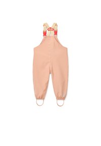 Αδιάβροχες ολόσωμες φόρμες σε ροδακινί χρώμα με ρυθμιζόμενους μπεζ ιμάντες και κόκκινες πόρπες. Ελαστικά τελειώματα με θηλιές για ασφαλή εφαρμογή. Λεπτομέρεια λογοτύπου στο πόδι.