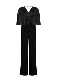 Black jumpsuit with a pleated cape-style top, V-neckline, and wide-leg pants. Made of smooth fabric, offering a sleek silhouette.