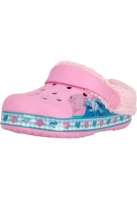 Rosa Clogs mit einem flauschigen Innenfutter, das ein Wellenmuster aufweist, einem meeresbezogenen Design an der Seite und dekorativen Akzenten entlang der Sohle.