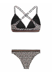 Completo bikini floreale nero con bralette triangolare caratterizzato da spalline incrociate e uno slip abbinato con motivo floreale e una cintura decorativa.