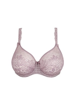 Sujetador de encaje malva con patrón floral, bordes festoneados, tirantes ajustables y detalle de lazo central. Tejido suave con textura de puntos.