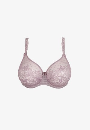 Sujetador de encaje malva con patrón floral, bordes festoneados, tirantes ajustables y detalle de lazo central. Tejido suave con textura de puntos.