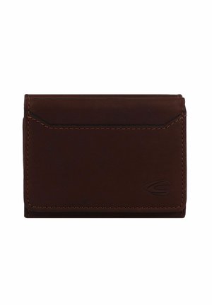 Brown leather cardholder with a sleek design, featuring a stitched edge and embossed logo. Compact shape, smooth texture, front pocket.