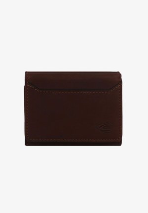 Brown leather cardholder with a sleek design, featuring a stitched edge and embossed logo. Compact shape, smooth texture, front pocket.