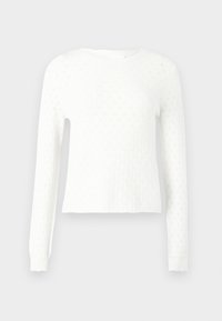 Pull blanc avec manches longues, encolure ronde et motif tricoté texturé avec de petites découpes en forme de losange. Silhouette épurée, poignets côtelés.
