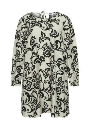 Sort blomsterprintet kjole med lange ærmer, rund halsudskæring og en afslappet pasform. Lavet af letvægtsstof med en blød tekstur.