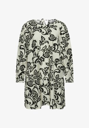 Sort blomsterprintet kjole med lange ærmer, rund halsudskæring og en afslappet pasform. Lavet af letvægtsstof med en blød tekstur.