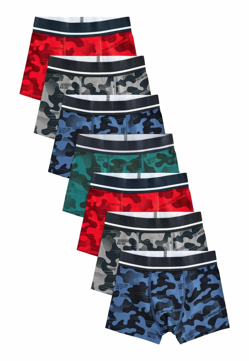 Sei paia di boxer da uomo con vita elastica blu navy. I colori includono rosso, grigio, blu, verde e vari modelli mimetici.