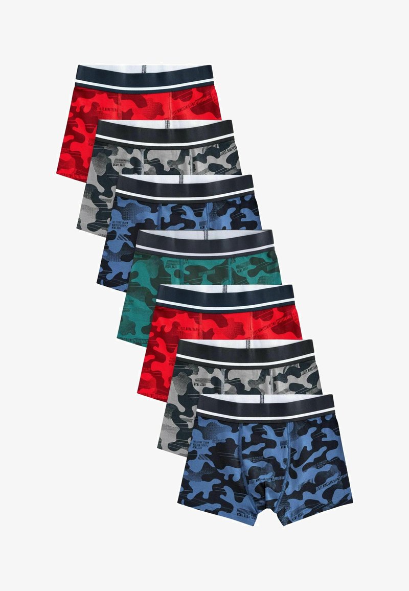 Six pairs of men's boxer briefs with navy elastic waistbands. Colors include red, gray, blue, green, and various camouflage patterns.