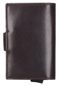Brown leather wallet with a smooth texture, rounded corners, and visible stitched edges. Features a black pull tab on the bottom for access.