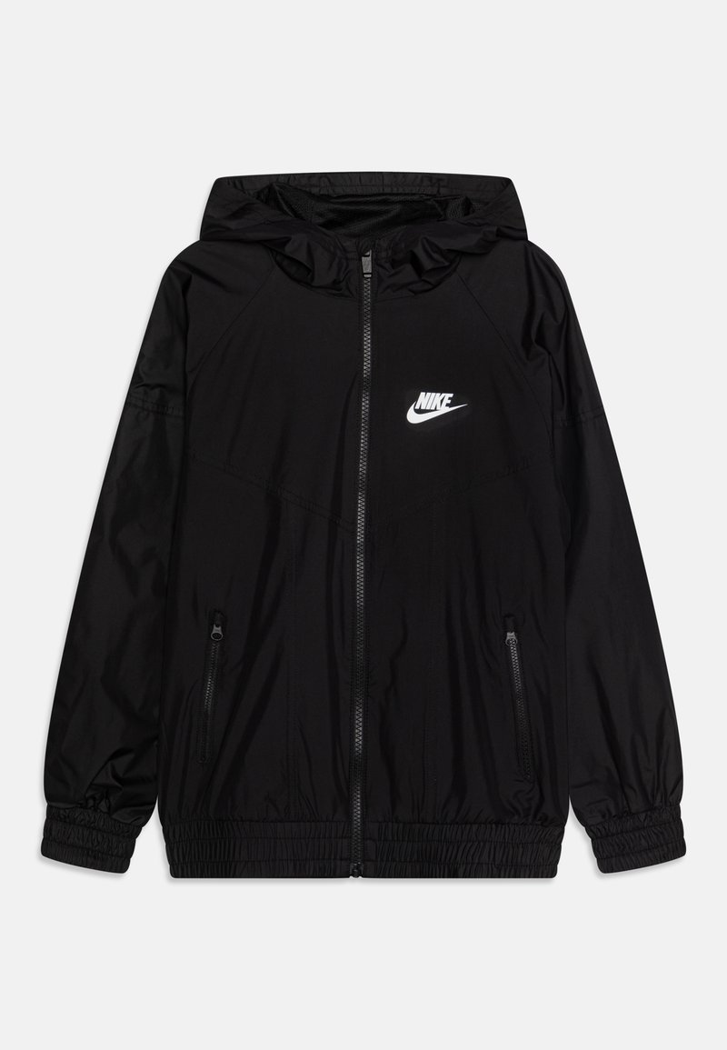 Nike black windbreaker jacket with a hood; zippered front; elastic cuffs and hem; features a white Nike logo on the chest; smooth finish.