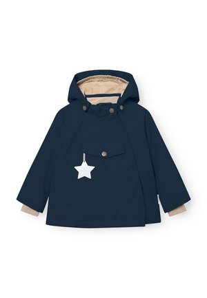Marineblaue, wasserdichte Jacke mit einer geräumigen Kapuze, beigem Futter, Druckknopf-Tasche und einem hängenden Sternen-Etikett; mit lässiger Passform und langen Ärmeln.
