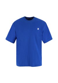Blauwe katoenen T-shirt met korte mouwen, ronde hals en een klein wit bladerenlogo op de borst. Gladde textuur, standaard pasvorm ontwerp.