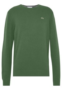 Maglione girocollo in cotone verde con maniche lunghe. Presenta un colletto e polsini a costine, con un piccolo logo sul petto. Texture liscia.