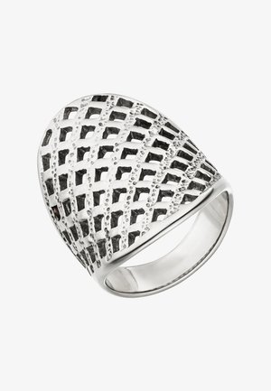 Silver ring featuring a textured, openwork design with a grid pattern. Smooth band with a lustrous finish and intricate detailing.
