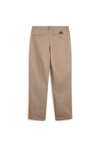 Pantaloni beige con design a gamba dritta, dotati di due tasche posteriori, chiusura con bottone e logo ricamato sulla vita. Tessuto dalla superficie liscia.