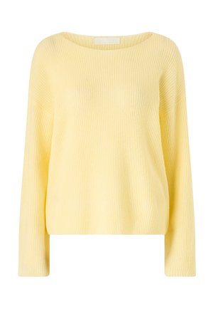 Pull tricoté jaune pâle à manches longues avec un col rond et une texture côtelée, présenté sur un fond blanc uni.