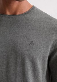 Grauer Baumwollpullover mit Rundhalsausschnitt, der ein dezentes geprägtes Logo auf der Brust trägt. Weicher Stoff mit taillierter Passform.