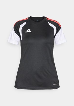 Maglietta sportiva nera con maniche corte bianche e accenti rossi sulle spalle, con logo Adidas e marchio Climalite sull'orlo.