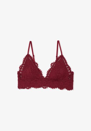 Bralette in pizzo color bordeaux con coppe a triangolo, bordi smerlati e sottili spalline regolabili. Motivo floreale intricato su tutto il tessuto.