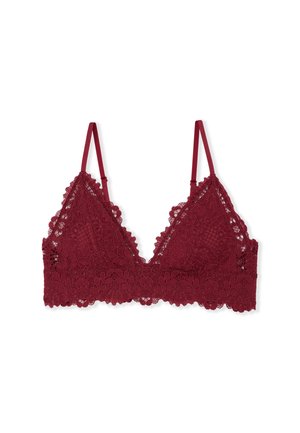 Bralette de encaje color burdeos con copas triangulares, bordes festoneados y tirantes delgados ajustables. Patrón floral intrincado en toda la tela.