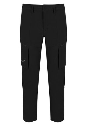 Black cargo pants made of lightweight fabric, featuring zippered side pockets, a button closure, and a tapered leg design.