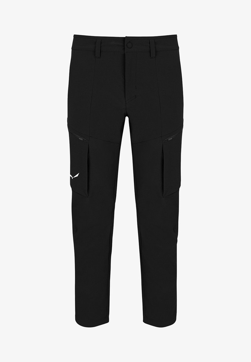 Pantalons cargo noirs en tissu léger, dotés de poches latérales zippées, d'une fermeture à bouton et d'une coupe fuselée.