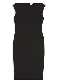 Svart ärmlös bodycon-klänning med figurnära silhuett, rund halsringning och minimalistisk design. Slätt tyg utan synliga mönster eller detaljer.