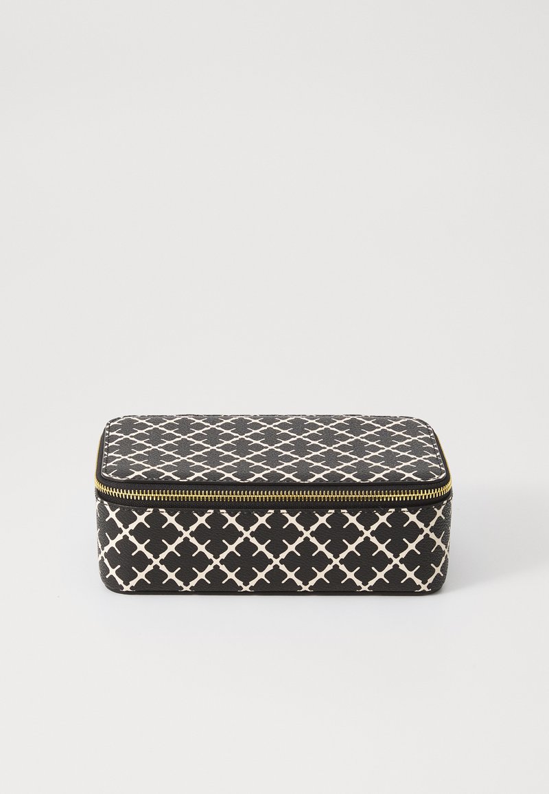Zipped rectangular cosmetic pouch in black with a white geometric pattern. Textured surface and gold hardware enhance the design.
