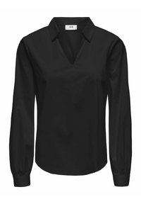 Blusa nera a maniche lunghe con scollo a V, colletto con bottoni e polsini arricciati; texture liscia con un taglio classico. Nessun motivo o dettaglio.