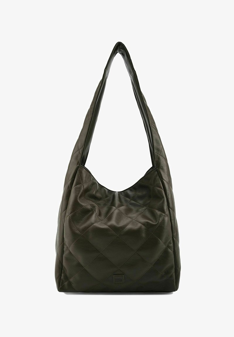 Gestepte olijfgroene leren hobo tas met een gestructureerd oppervlak, een brede, slappe vorm en een enkele, afgeronde schouderriem.