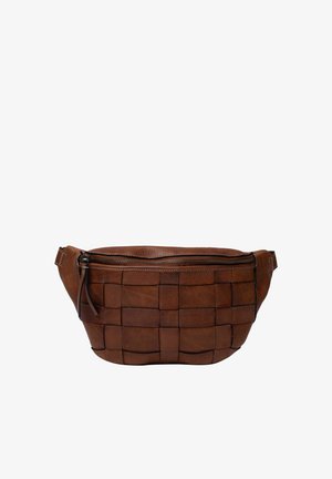 Brown woven leather bag with a curved shape, top zipper closure, and adjustable strap. Features a textured surface and contrasting stitching.