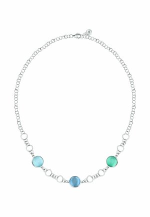 Silberne Halskette mit miteinander verbundenen runden Gliedern und drei rund gefassten Steinen in Hellblau-, Blau- und Türkistönen.