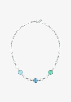 Collana a catena in argento con anelli circolari interconnessi e tre pietre rotonde incastonate a castone nei toni azzurro chiaro, blu e verde petrolio.