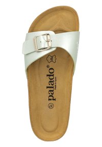 Ljusgrön slidssandal med justerbar metallspänne; slät läderöverdel, mjuk korkfotbädd och brun texturerad sula. Tillverkad i Spanien.