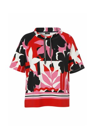 Short-sleeve hooded top with bold red, pink, black, and white abstract floral patterns and front drawstrings.
