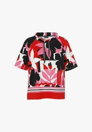 Kurzärmliges Kapuzenshirt mit auffälligen roten, rosa, schwarzen und weißen abstrakten Blumenmustern und vorderen Kordeln.