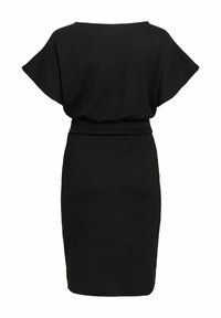 Robe noire longueur genou avec larges manches courtes, taille cintrée et encolure bateau, vue de dos sur fond blanc.