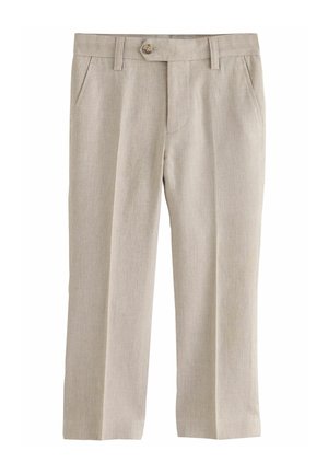 Pantalon beige ajusté avec poches avant, passants de ceinture, fermeture par bouton et coupe droite.