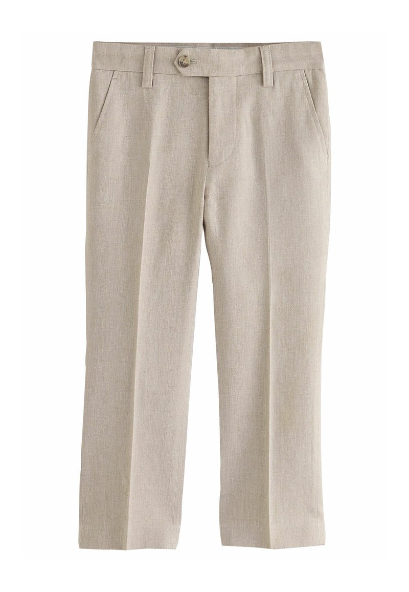Pantalon beige ajusté avec poches avant, passants de ceinture, fermeture par bouton et coupe droite.