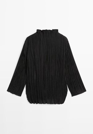 Schwarzes, plissiertes Oberteil mit langen Ärmeln und hohem Kragen. Verfügt über eine strukturierte Oberfläche und eine lockere Passform am Saum.