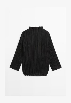 Schwarzes, plissiertes Oberteil mit langen Ärmeln und hohem Kragen. Verfügt über eine strukturierte Oberfläche und eine lockere Passform am Saum.