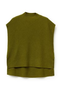 Maglione chunky verde oliva con collo alto, maniche corte, texture a costine sui lati e vestibilità rilassata. Fenditure laterali all'orlo.