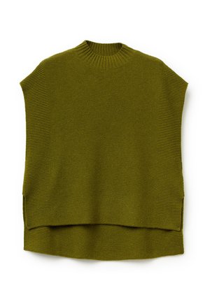 Olijfgroene, chunky gebreide trui met een hoge hals, korte mouwen, geribbelde textuur aan de zijkanten en een ontspannen pasvorm. Zijsplitsjes aan de onderkant.
