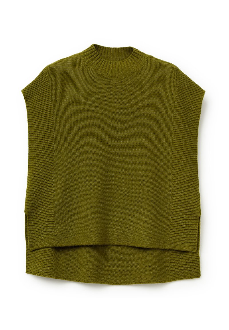 Maglione chunky verde oliva con collo alto, maniche corte, texture a costine sui lati e vestibilità rilassata. Fenditure laterali all'orlo.