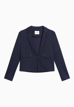 Mørkeblå cropped blazer med en skræddersyet design, dobbelte knaplukninger foran og lange ærmer. Fremstillet af et glat, strækbart materiale.